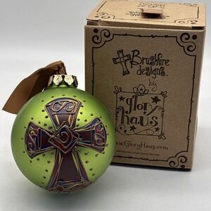 Glass Ornament Christmas Cross Green Glory Haus Brushfire Designs Curl Cross NIB